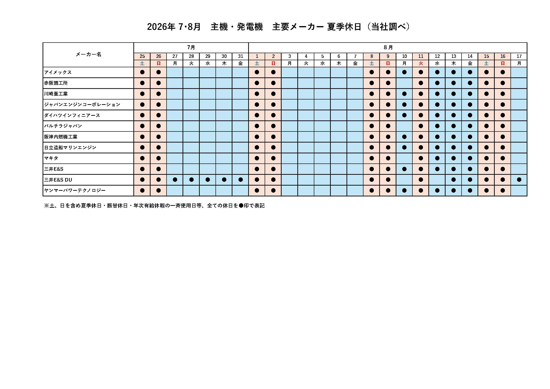 仕入先休暇情報カレンダー